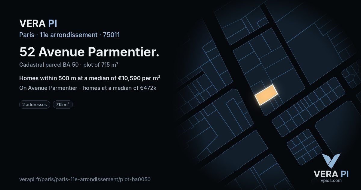 52 Avenue Parmentier, 11e arrondissement at night – the plot lit, the parcels around coloured by the prices near them
