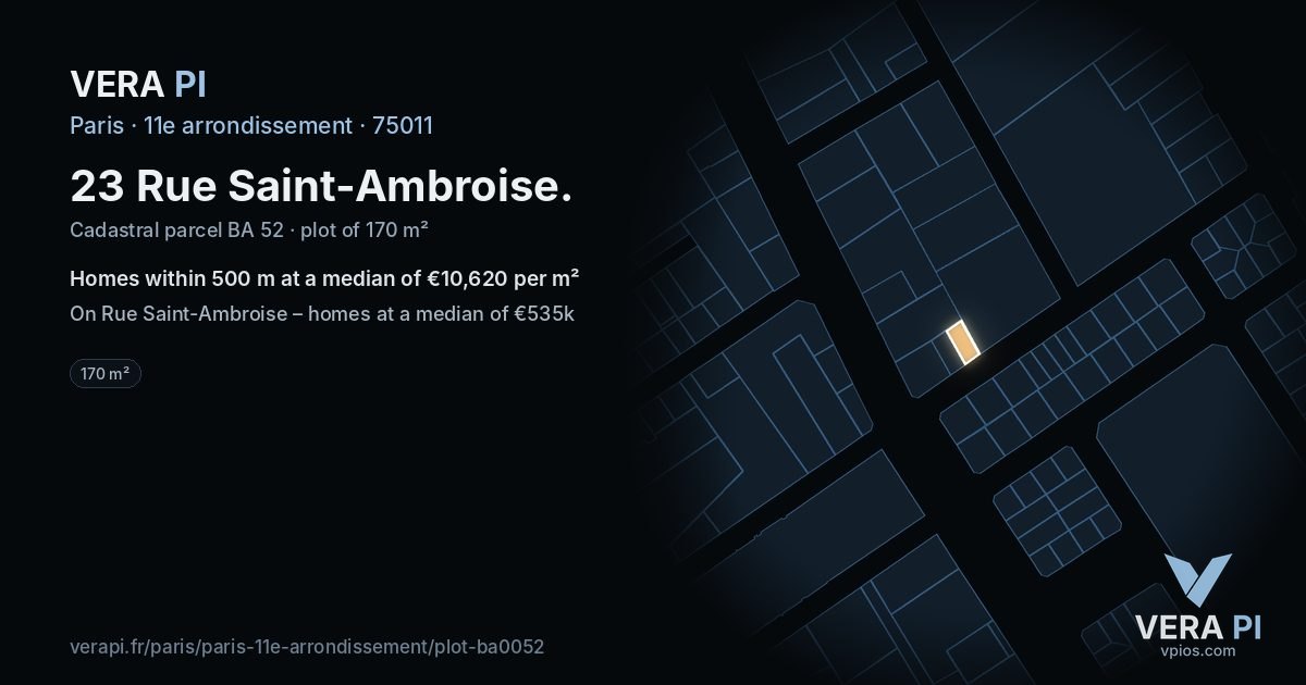 23 Rue Saint-Ambroise, 11e arrondissement at night – the plot lit, the parcels around coloured by the prices near them