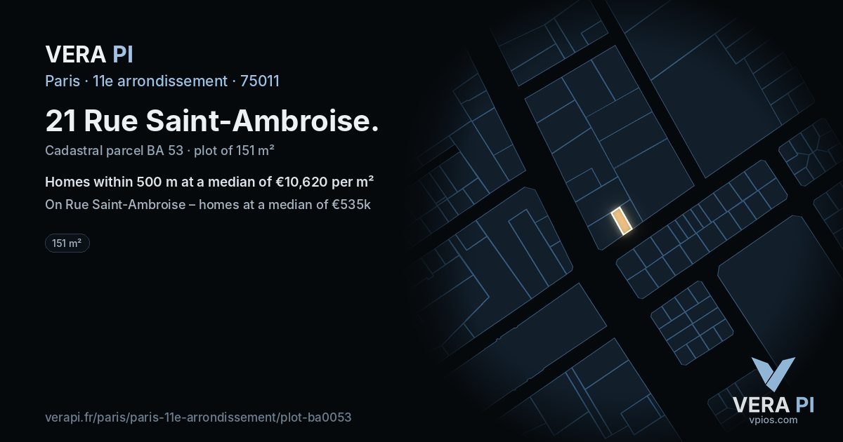 21 Rue Saint-Ambroise, 11e arrondissement at night – the plot lit, the parcels around coloured by the prices near them