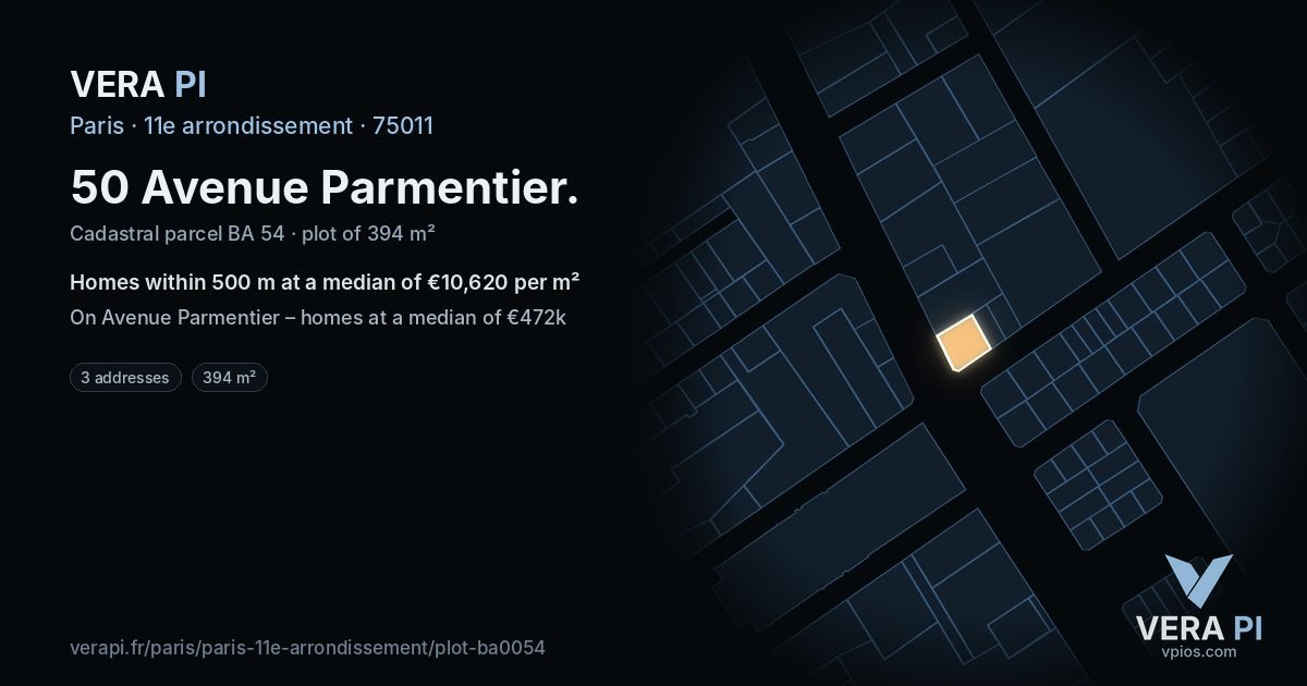 50 Avenue Parmentier, 11e arrondissement at night – the plot lit, the parcels around coloured by the prices near them