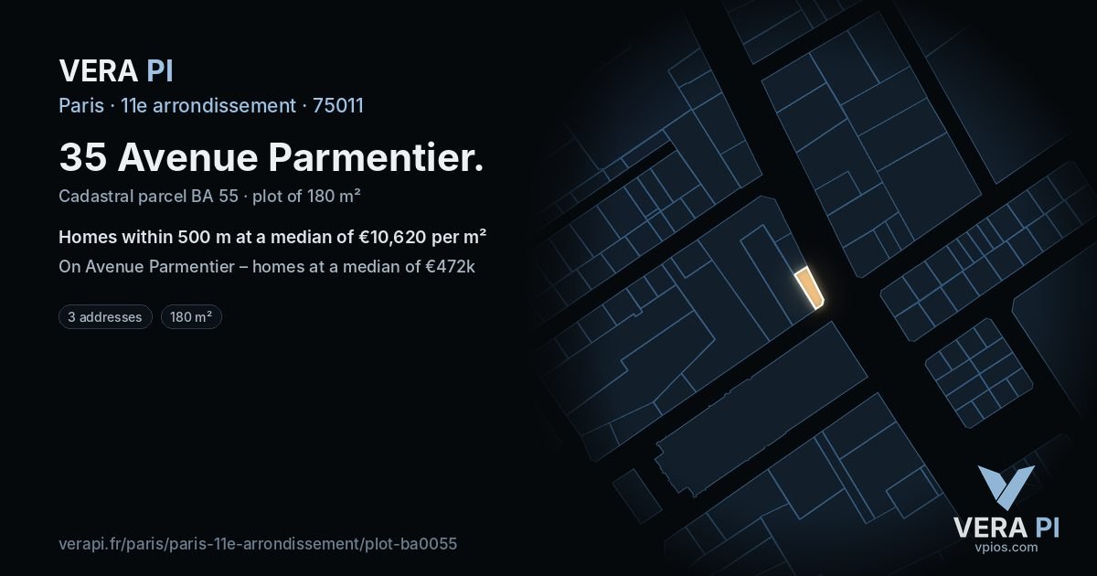 35 Avenue Parmentier, 11e arrondissement at night – the plot lit, the parcels around coloured by the prices near them