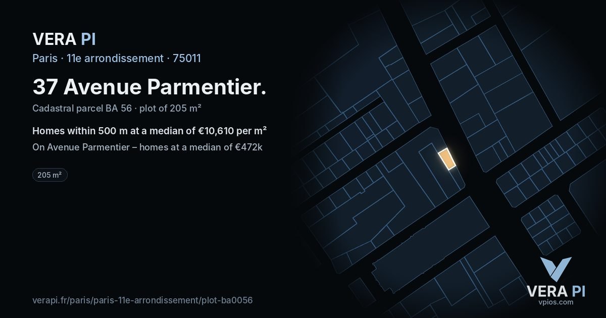 37 Avenue Parmentier, 11e arrondissement at night – the plot lit, the parcels around coloured by the prices near them