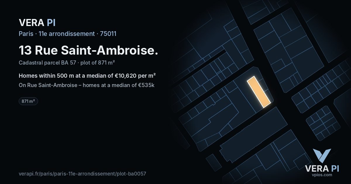 13 Rue Saint-Ambroise, 11e arrondissement at night – the plot lit, the parcels around coloured by the prices near them