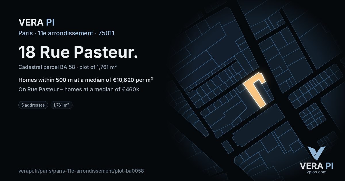 18 Rue Pasteur, 11e arrondissement at night – the plot lit, the parcels around coloured by the prices near them