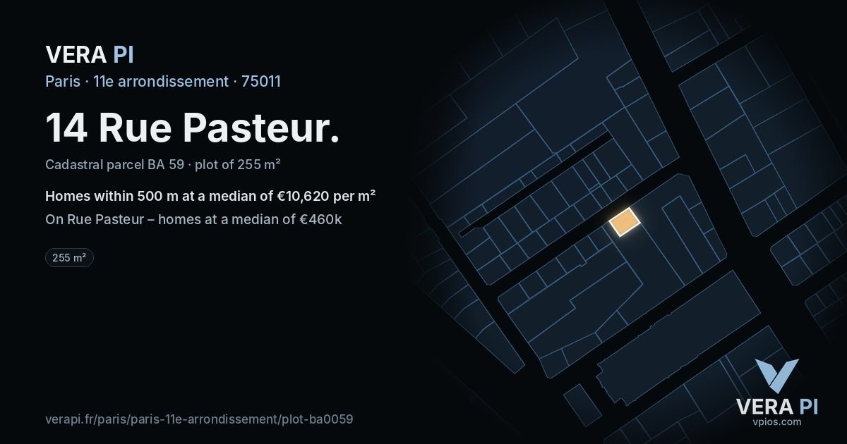 14 Rue Pasteur, 11e arrondissement at night – the plot lit, the parcels around coloured by the prices near them