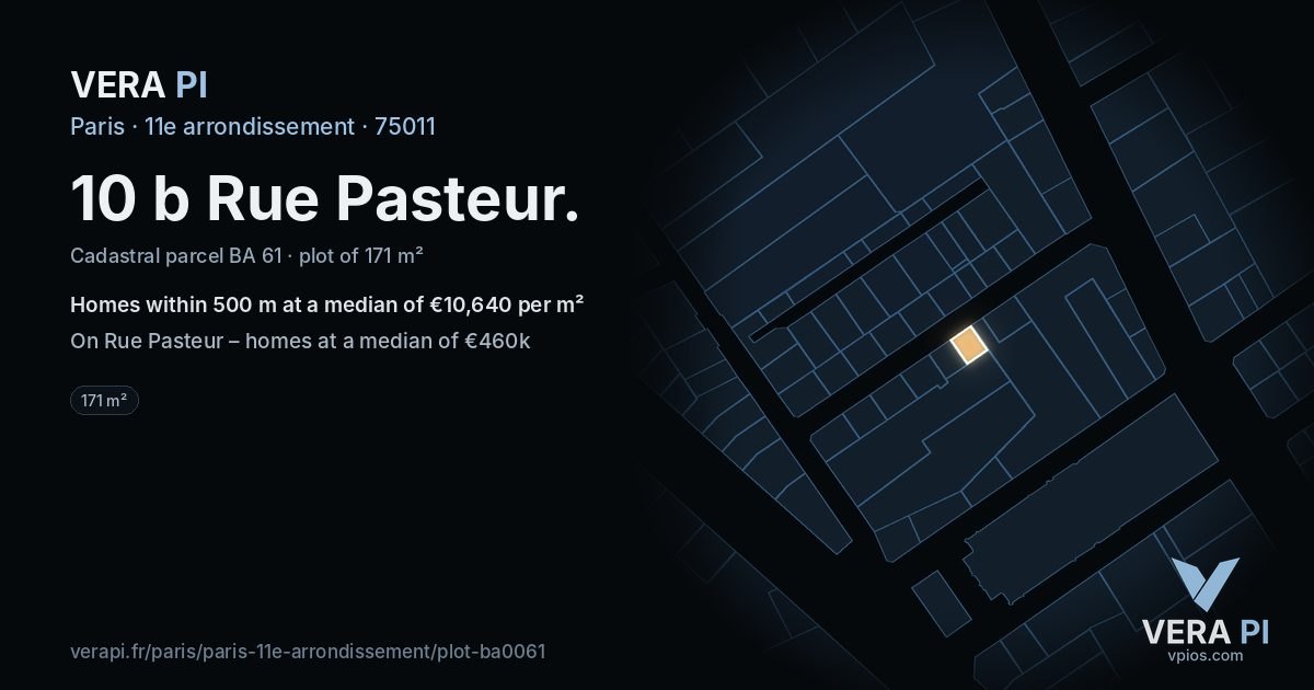 10 b Rue Pasteur, 11e arrondissement at night – the plot lit, the parcels around coloured by the prices near them