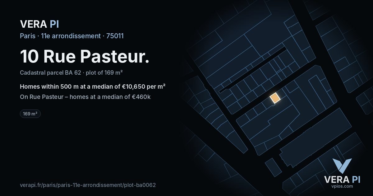 10 Rue Pasteur, 11e arrondissement at night – the plot lit, the parcels around coloured by the prices near them