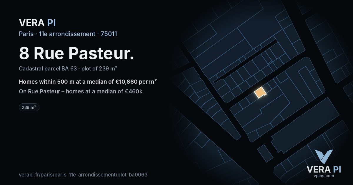 8 Rue Pasteur, 11e arrondissement at night – the plot lit, the parcels around coloured by the prices near them
