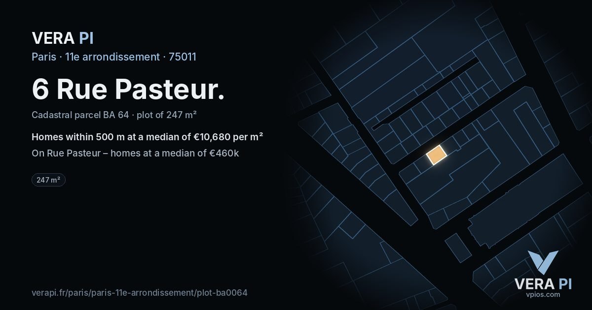 6 Rue Pasteur, 11e arrondissement at night – the plot lit, the parcels around coloured by the prices near them