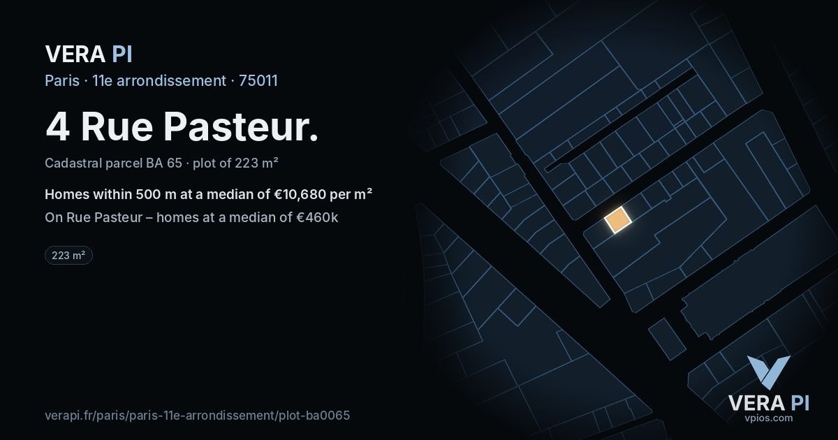 4 Rue Pasteur, 11e arrondissement at night – the plot lit, the parcels around coloured by the prices near them