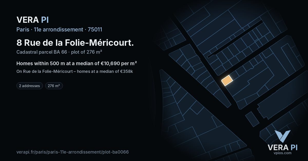 8 Rue de la Folie-Méricourt, 11e arrondissement at night – the plot lit, the parcels around coloured by the prices near them