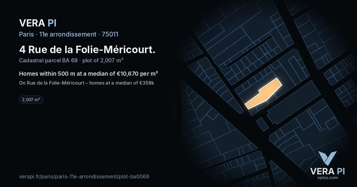 4 Rue de la Folie-Méricourt, 11e arrondissement at night – the plot lit, the parcels around coloured by the prices near them