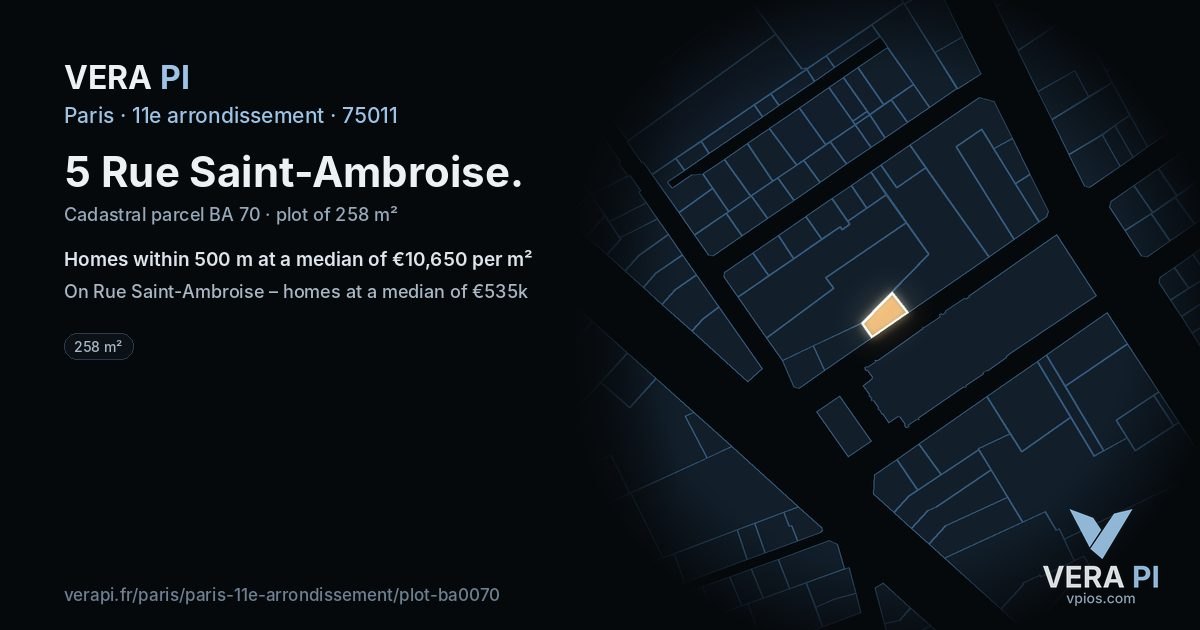 5 Rue Saint-Ambroise, 11e arrondissement at night – the plot lit, the parcels around coloured by the prices near them