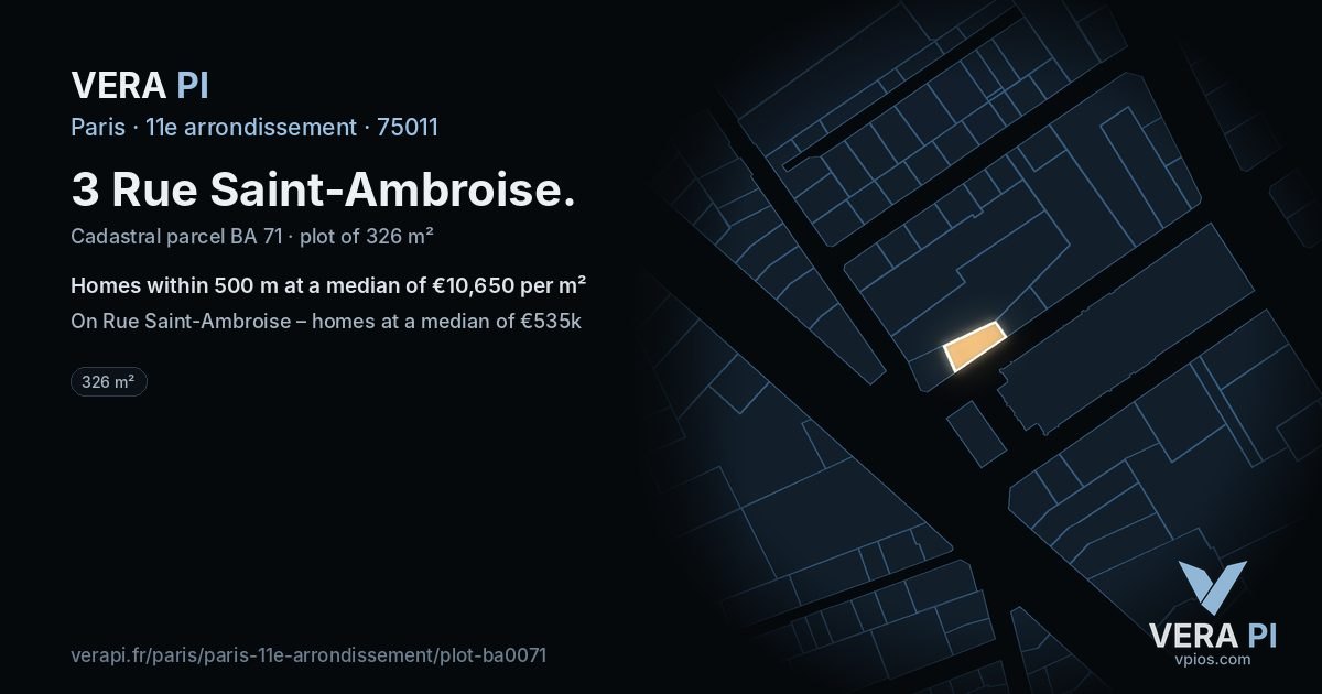 3 Rue Saint-Ambroise, 11e arrondissement at night – the plot lit, the parcels around coloured by the prices near them