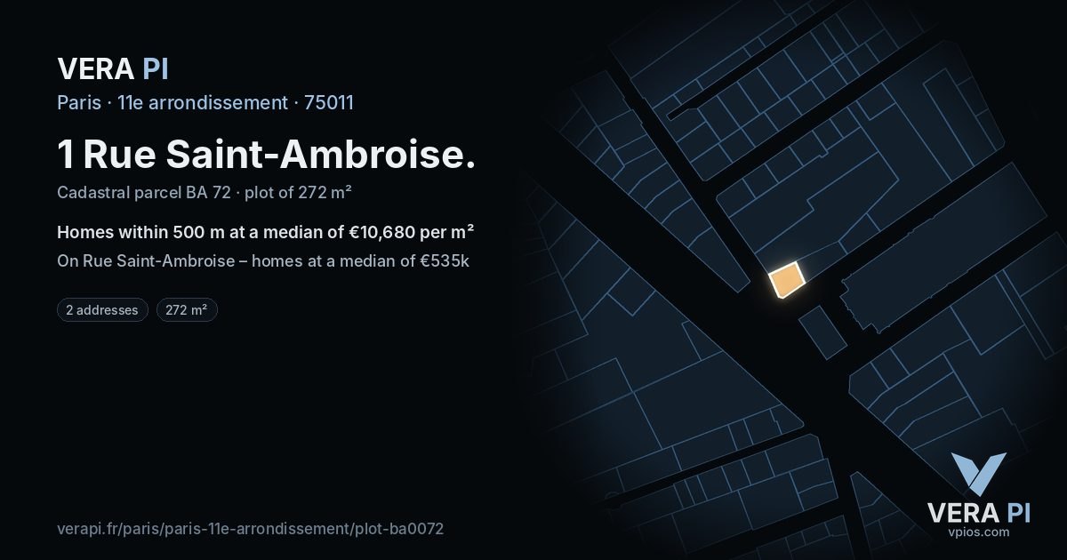 1 Rue Saint-Ambroise, 11e arrondissement at night – the plot lit, the parcels around coloured by the prices near them