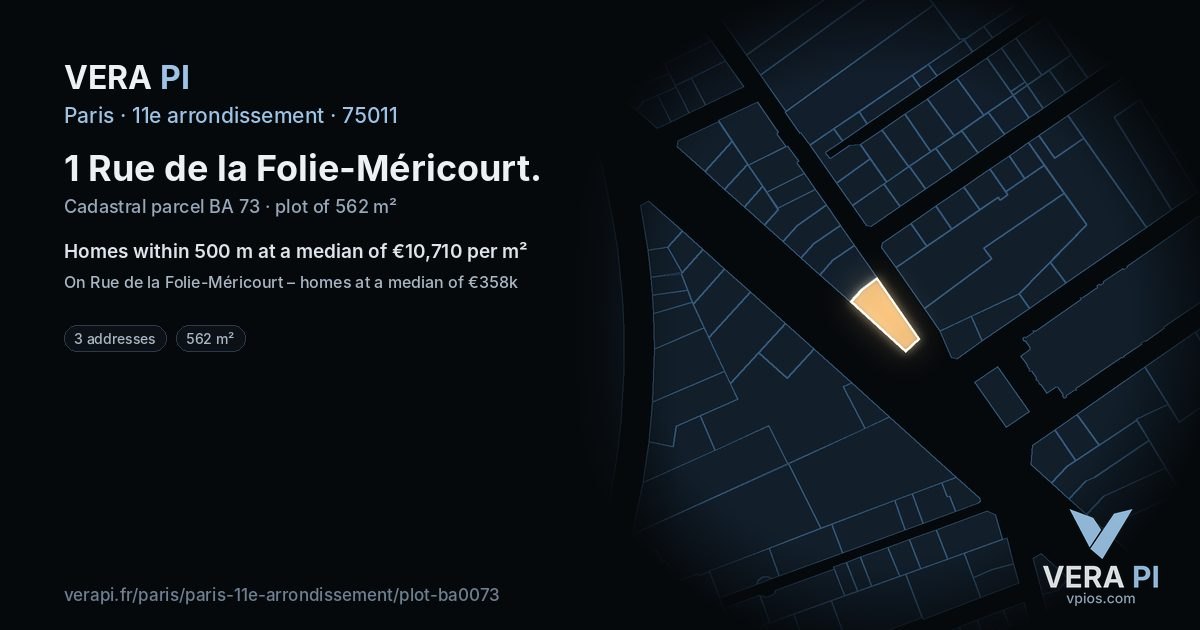 1 Rue de la Folie-Méricourt, 11e arrondissement at night – the plot lit, the parcels around coloured by the prices near them