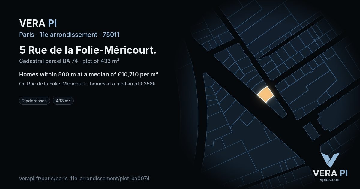 5 Rue de la Folie-Méricourt, 11e arrondissement at night – the plot lit, the parcels around coloured by the prices near them