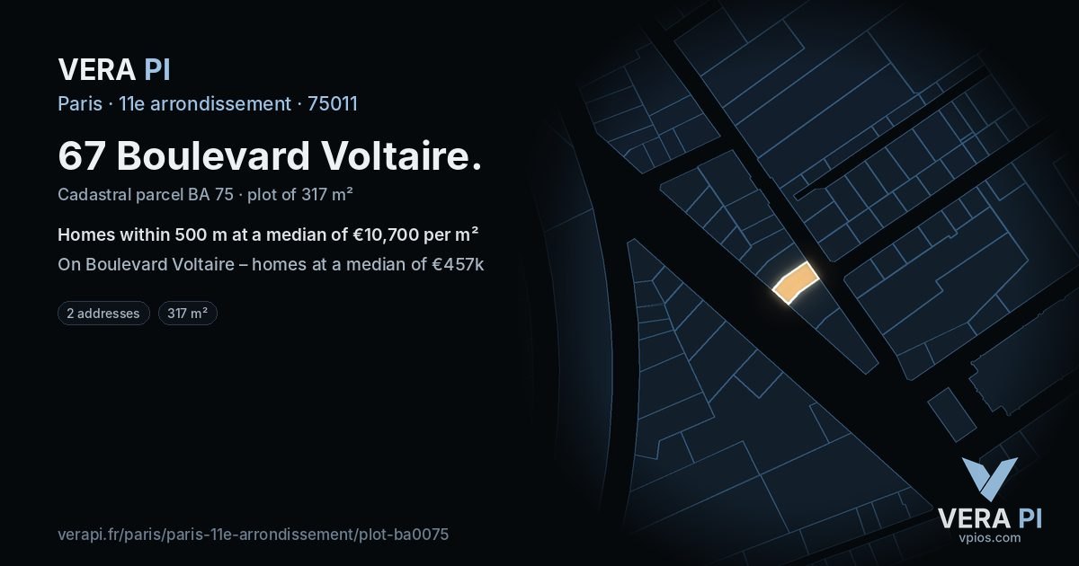 67 Boulevard Voltaire, 11e arrondissement at night – the plot lit, the parcels around coloured by the prices near them