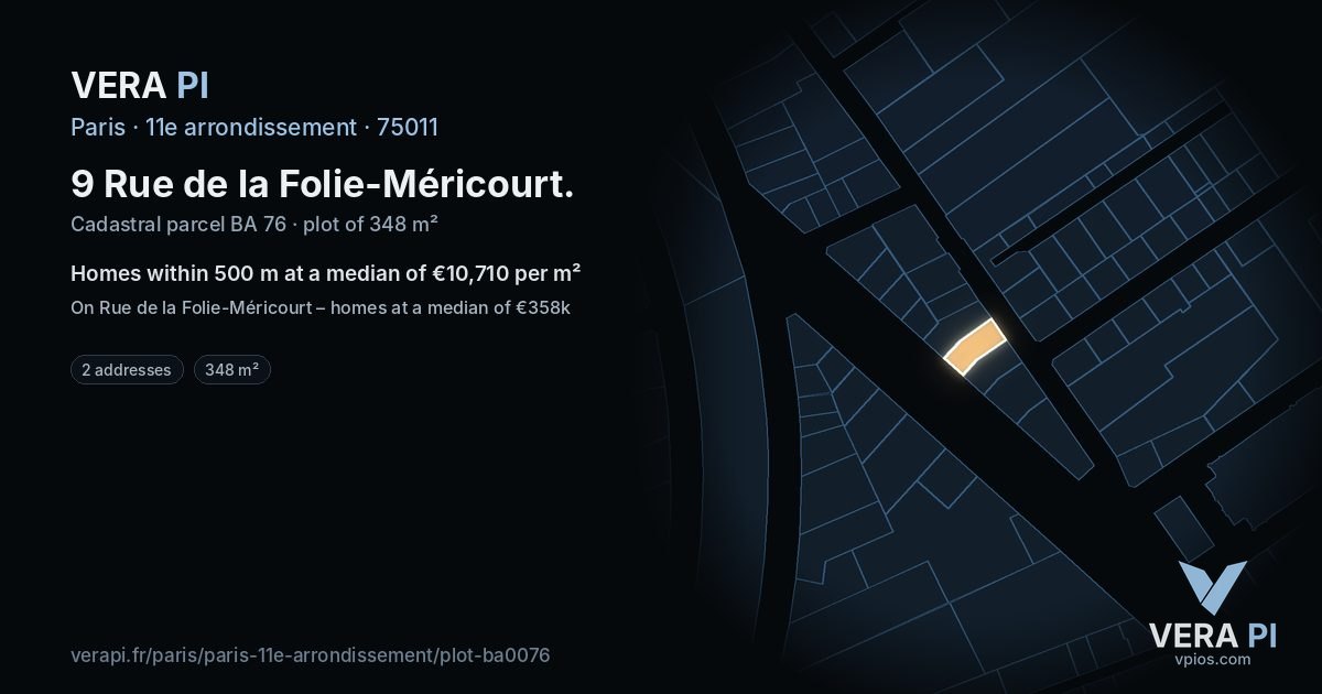 9 Rue de la Folie-Méricourt, 11e arrondissement at night – the plot lit, the parcels around coloured by the prices near them