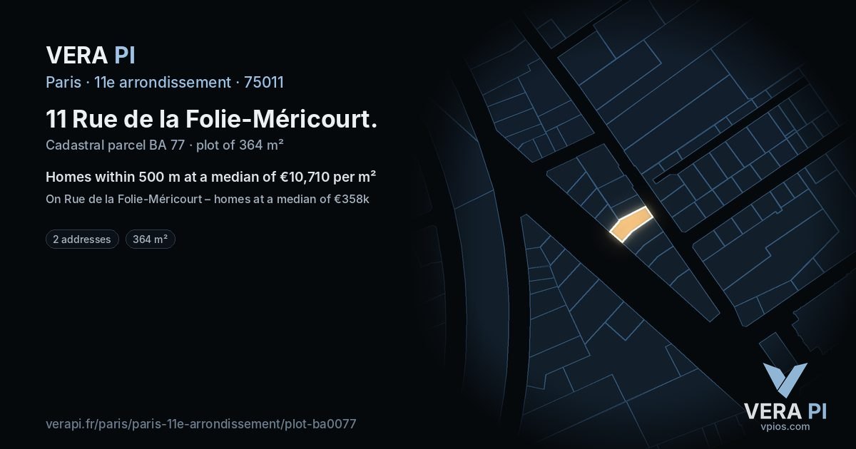 11 Rue de la Folie-Méricourt, 11e arrondissement at night – the plot lit, the parcels around coloured by the prices near them
