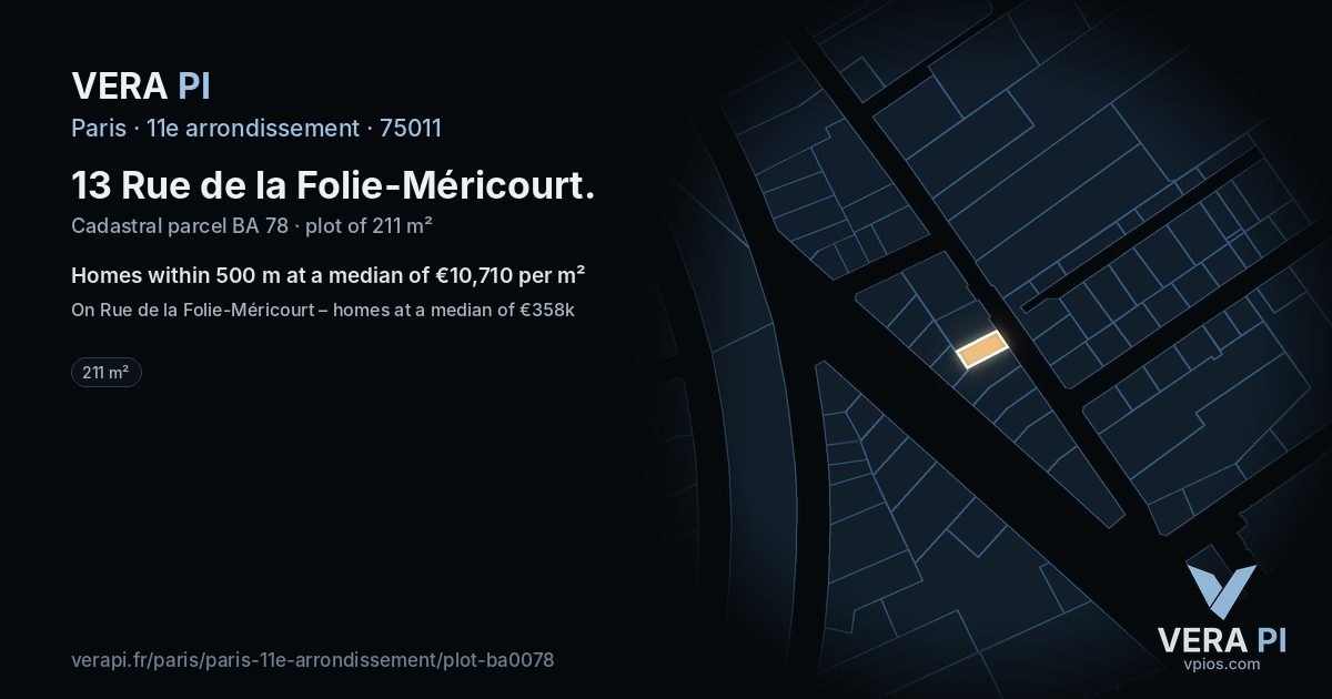 13 Rue de la Folie-Méricourt, 11e arrondissement at night – the plot lit, the parcels around coloured by the prices near them