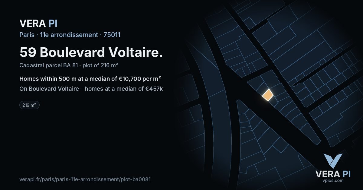 59 Boulevard Voltaire, 11e arrondissement at night – the plot lit, the parcels around coloured by the prices near them