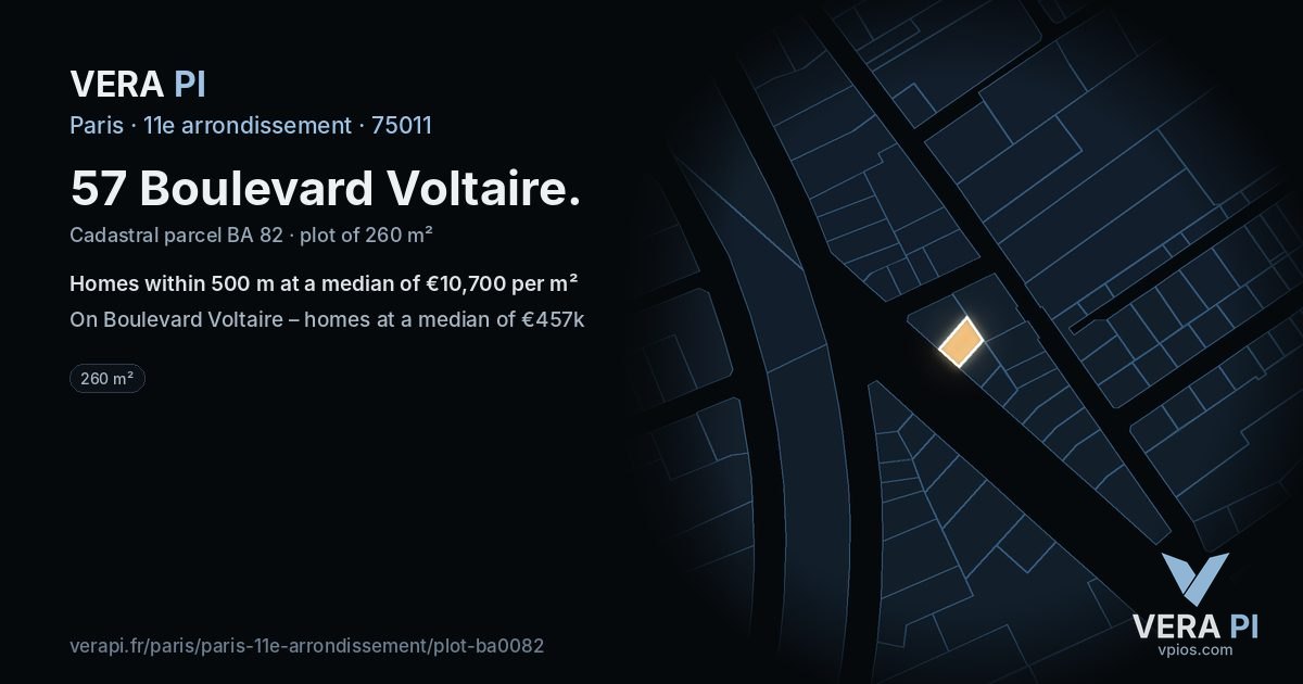57 Boulevard Voltaire, 11e arrondissement at night – the plot lit, the parcels around coloured by the prices near them