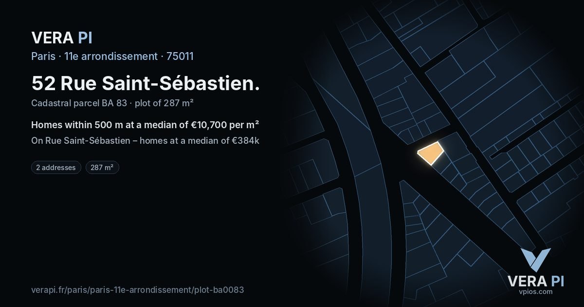 52 Rue Saint-Sébastien, 11e arrondissement at night – the plot lit, the parcels around coloured by the prices near them