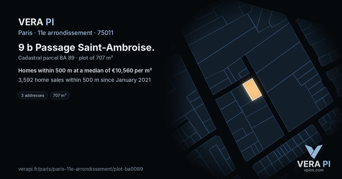 9 b Passage Saint-Ambroise, 11e arrondissement at night – the plot lit, the parcels around coloured by the prices near them