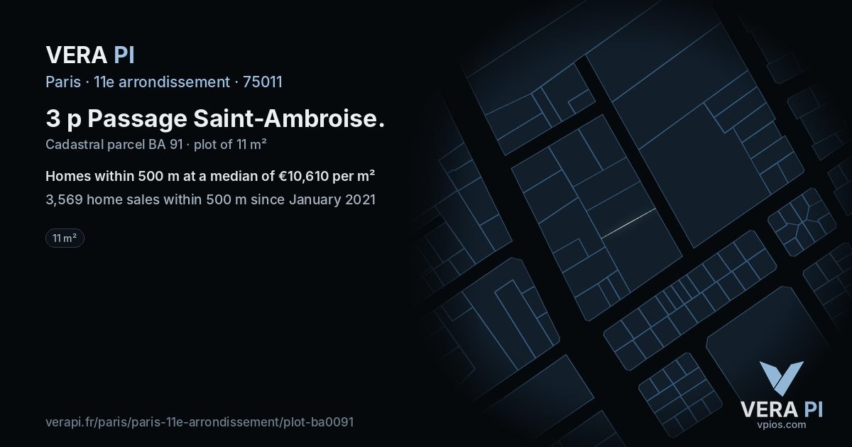 3 p Passage Saint-Ambroise, 11e arrondissement at night – the plot lit, the parcels around coloured by the prices near them