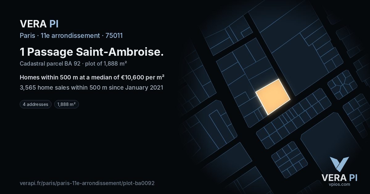 1 Passage Saint-Ambroise, 11e arrondissement at night – the plot lit, the parcels around coloured by the prices near them