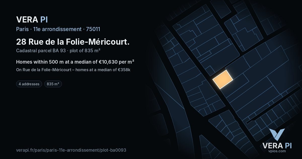 28 Rue de la Folie-Méricourt, 11e arrondissement at night – the plot lit, the parcels around coloured by the prices near them