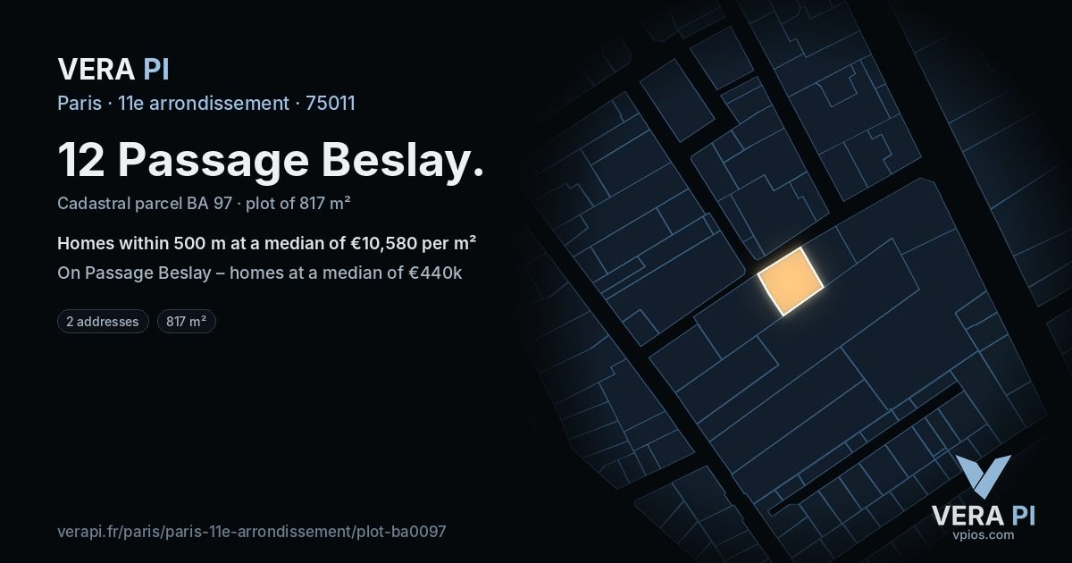 12 Passage Beslay, 11e arrondissement at night – the plot lit, the parcels around coloured by the prices near them