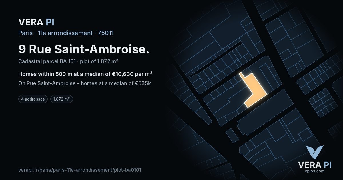 9 Rue Saint-Ambroise, 11e arrondissement at night – the plot lit, the parcels around coloured by the prices near them