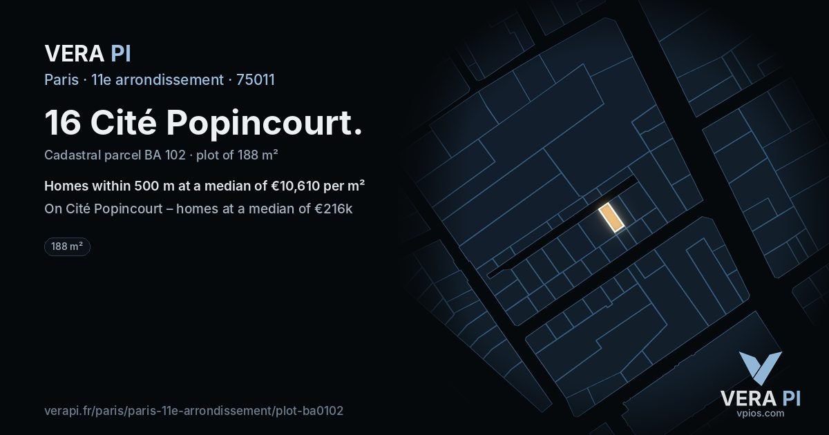 16 Cité Popincourt, 11e arrondissement at night – the plot lit, the parcels around coloured by the prices near them