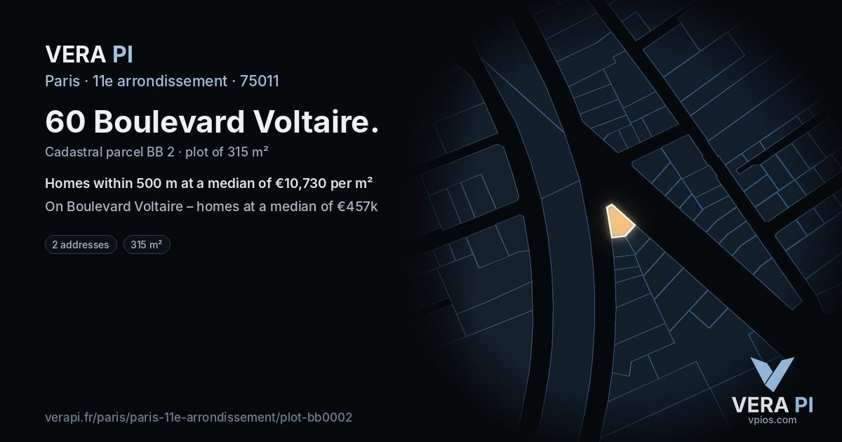 60 Boulevard Voltaire, 11e arrondissement at night – the plot lit, the parcels around coloured by the prices near them