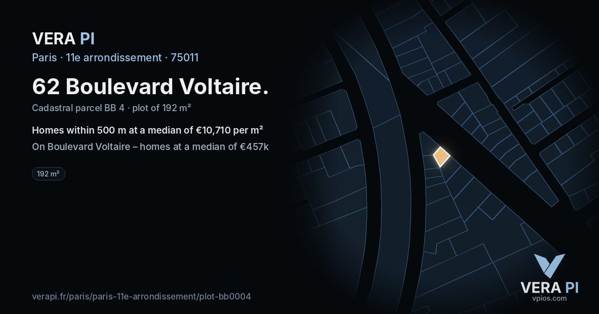 62 Boulevard Voltaire, 11e arrondissement at night – the plot lit, the parcels around coloured by the prices near them