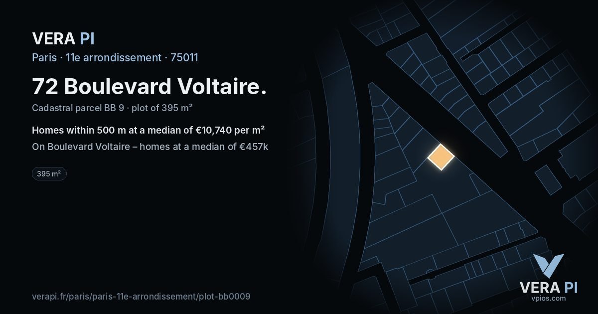 72 Boulevard Voltaire, 11e arrondissement at night – the plot lit, the parcels around coloured by the prices near them