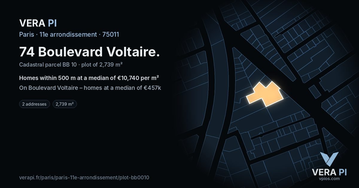 74 Boulevard Voltaire, 11e arrondissement at night – the plot lit, the parcels around coloured by the prices near them
