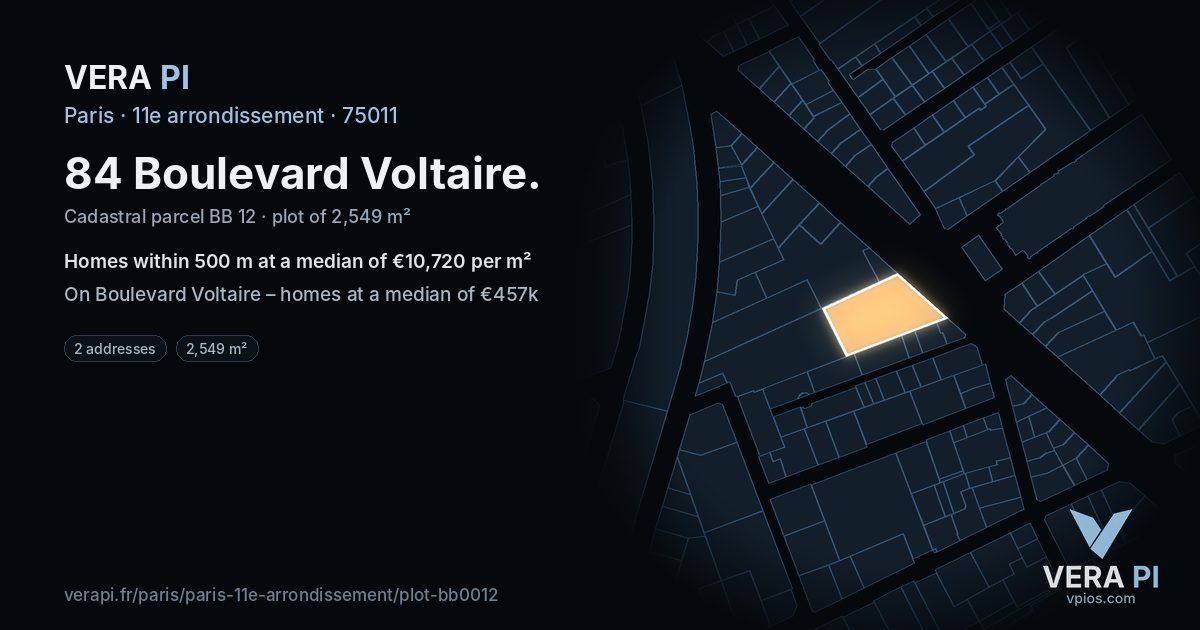 84 Boulevard Voltaire, 11e arrondissement at night – the plot lit, the parcels around coloured by the prices near them