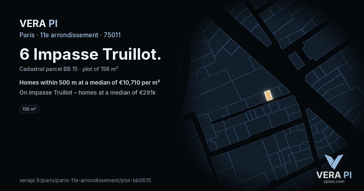 6 Impasse Truillot, 11e arrondissement at night – the plot lit, the parcels around coloured by the prices near them