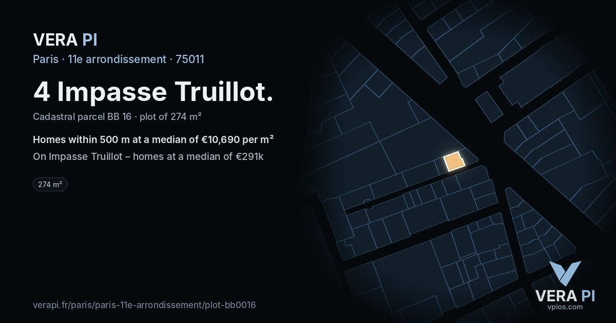 4 Impasse Truillot, 11e arrondissement at night – the plot lit, the parcels around coloured by the prices near them
