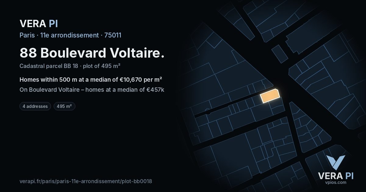 88 Boulevard Voltaire, 11e arrondissement at night – the plot lit, the parcels around coloured by the prices near them