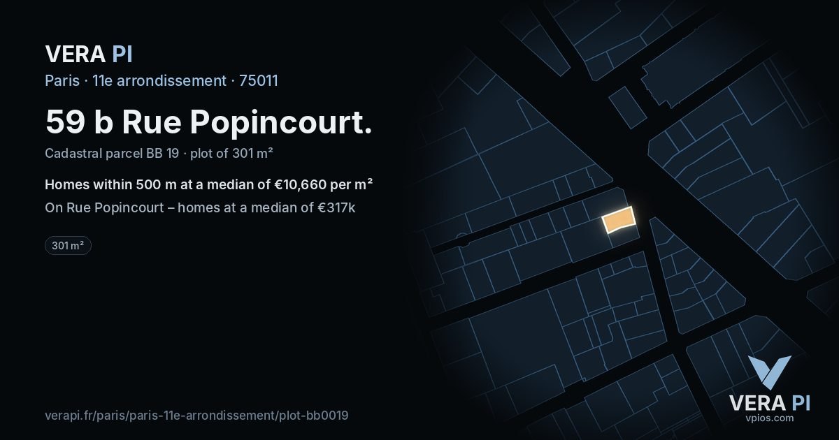 59 b Rue Popincourt, 11e arrondissement at night – the plot lit, the parcels around coloured by the prices near them