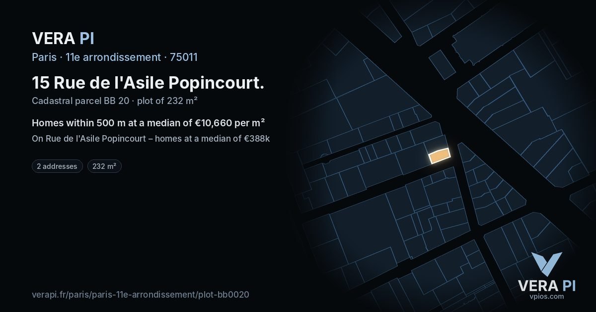 15 Rue de l'Asile Popincourt, 11e arrondissement at night – the plot lit, the parcels around coloured by the prices near them