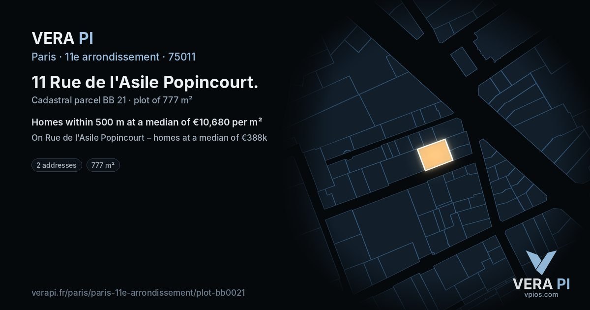 11 Rue de l'Asile Popincourt, 11e arrondissement at night – the plot lit, the parcels around coloured by the prices near them