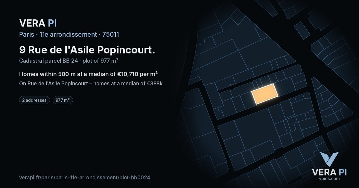9 Rue de l'Asile Popincourt, 11e arrondissement at night – the plot lit, the parcels around coloured by the prices near them