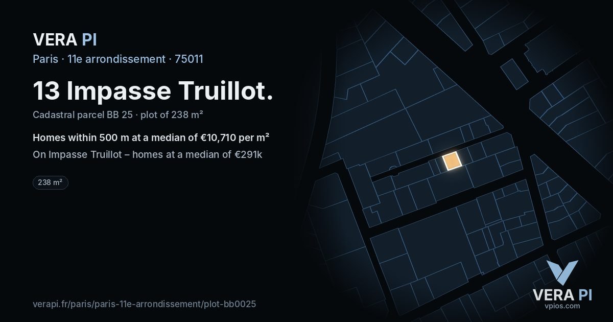 13 Impasse Truillot, 11e arrondissement at night – the plot lit, the parcels around coloured by the prices near them