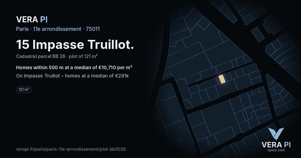 15 Impasse Truillot, 11e arrondissement at night – the plot lit, the parcels around coloured by the prices near them