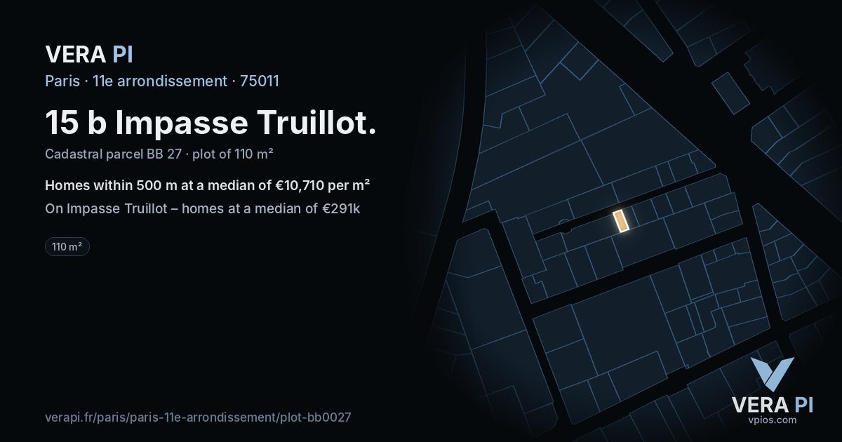 15 b Impasse Truillot, 11e arrondissement at night – the plot lit, the parcels around coloured by the prices near them